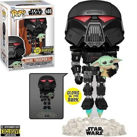 Funko Pop! Star Wars: The Mandalorian Dark Trooper with Grogu #488 GITD Entertainment Earth Exclusive - collectorzown